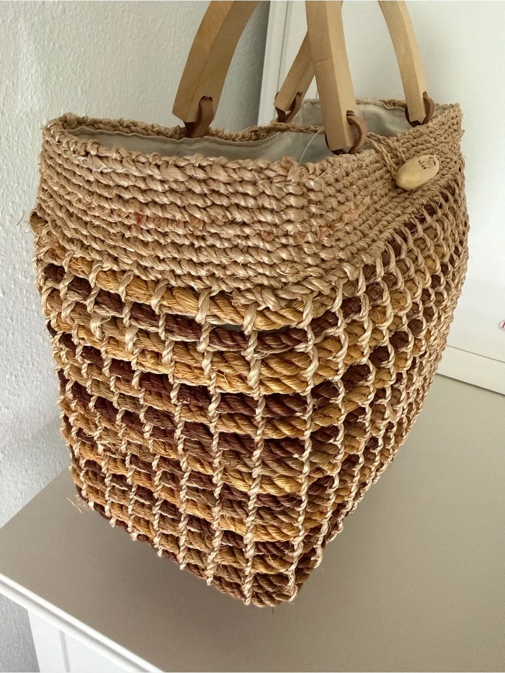 Talbots Woven Straw Tote in Brown and Tan with Wooden Handles - Picture 3 of 9